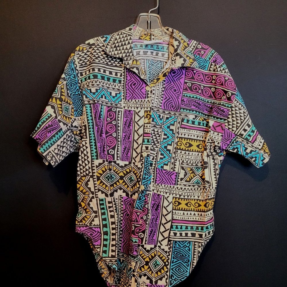 Vintage Tribal Button Up Shirt 80s Retro Bright Colors Ms Paquette Medium
